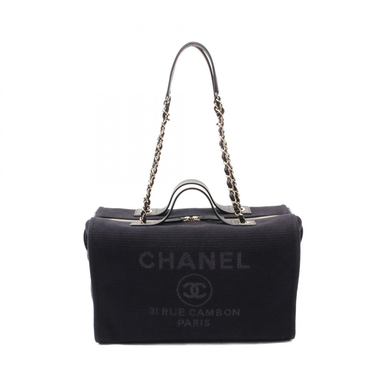 CHANEL Deauville 鏈條單肩包 AS4166 帆布皮革 海軍藍 二手 GHW-0