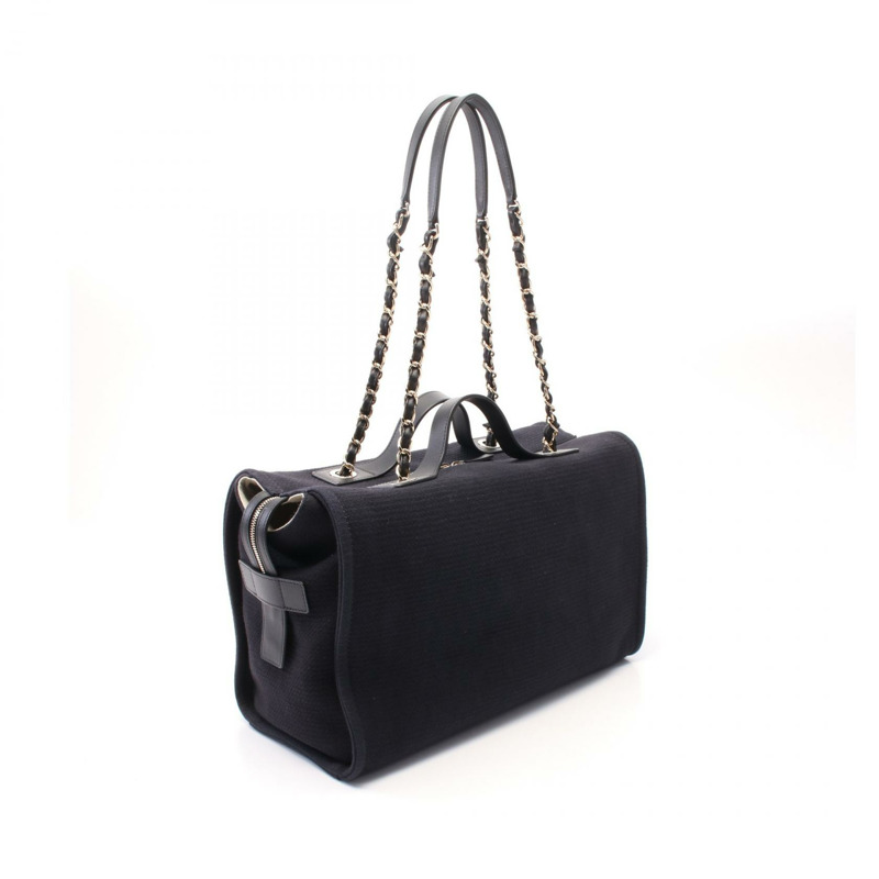 CHANEL Deauville 鏈條單肩包 AS4166 帆布皮革 海軍藍 二手 GHW-1