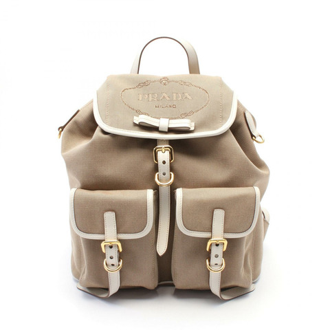 PRADA LOGO JACQUARD Rucksack 背包 1BZ006 皮革 帆布 棕色 米色