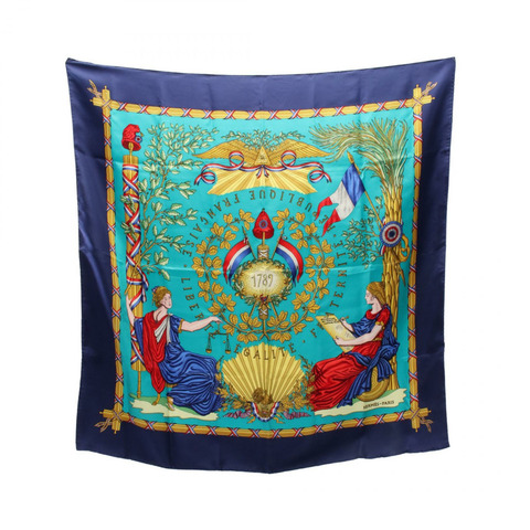 HERMES Carre90 LIBERTE EGALITE FRATERNITE REPUBLIQUE FRANCAISE 1789 圍巾 絲綢 海軍藍 綠色 多色 二手女士