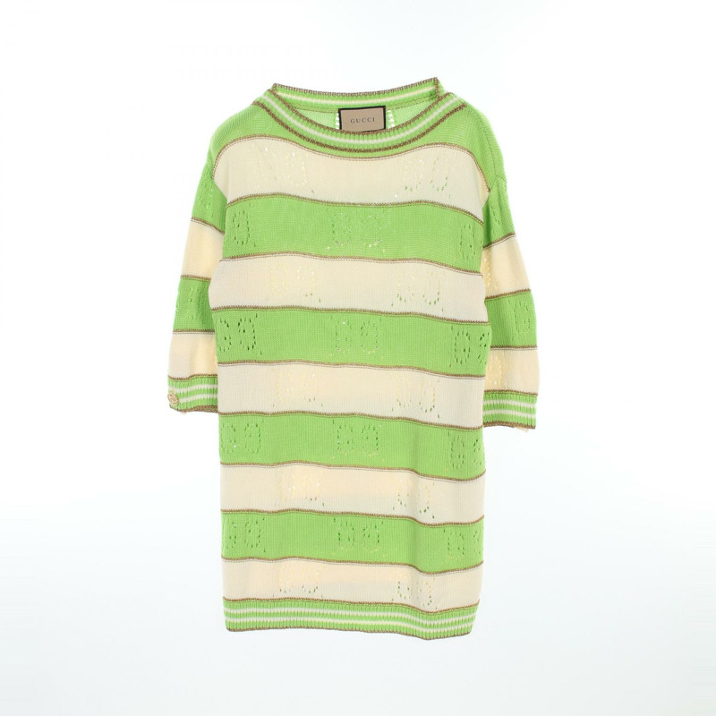 GUCCI GG條紋針織上衣 739716 棉 綠色 米色 二手 女款 #XS-0