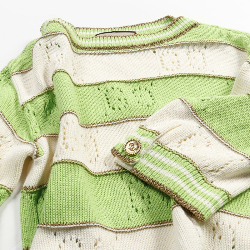 GUCCI GG條紋針織上衣 739716 棉 綠色 米色 二手 女款 #XS-8