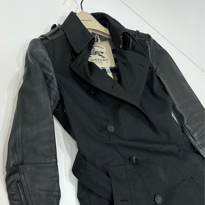 burberry 黑色 兩件式 羊皮 皮外套 風衣外套 長大衣 長風衣-13
