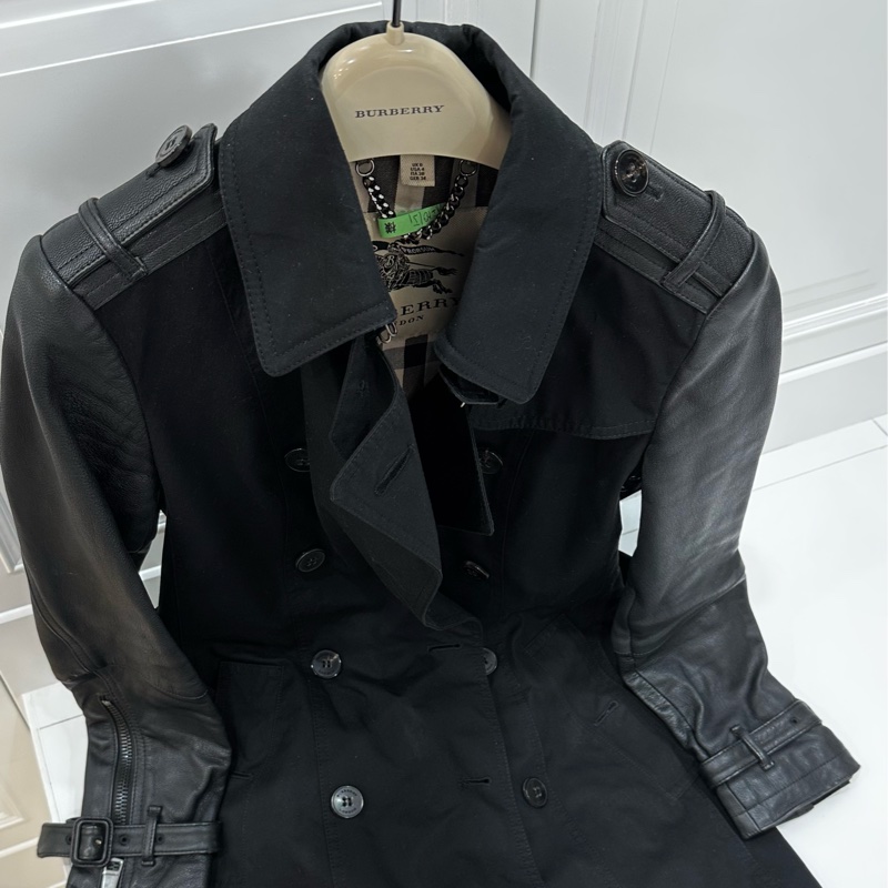 burberry 黑色 兩件式 羊皮 皮外套 風衣外套 長大衣 長風衣-14