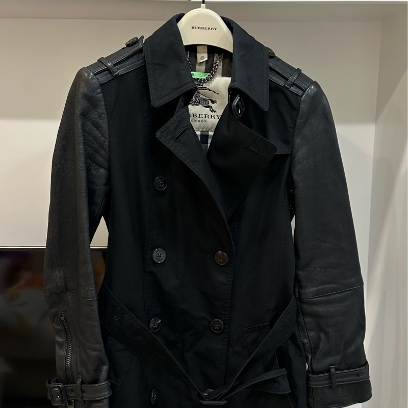 burberry 黑色 兩件式 羊皮 皮外套 風衣外套 長大衣 長風衣-23