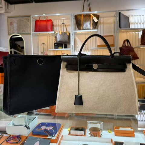 Hermes Herbag 31 黑色/米色 Toile Officier H Herbag MM 2 in 1   2 way shoulder bag