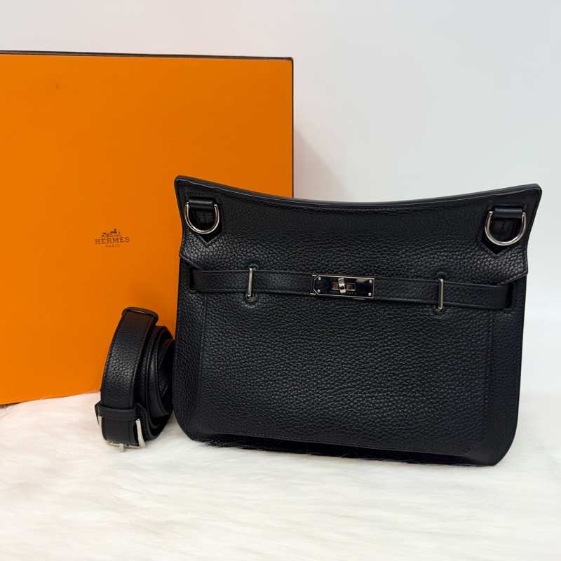 Hermes 89黑T/C皮銀釦Jypsiere28斜背包-0