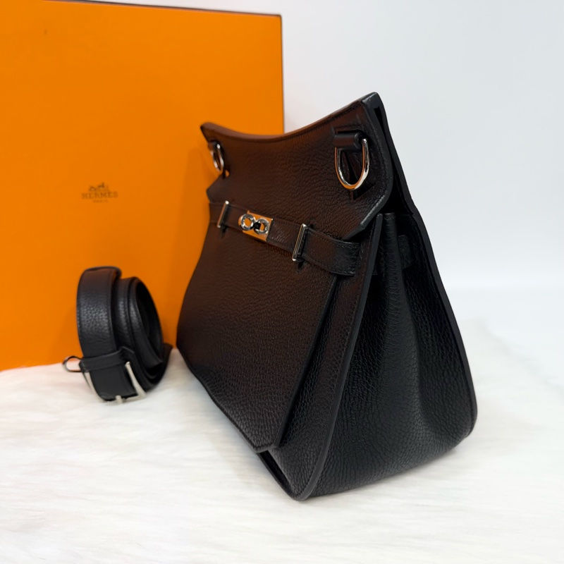 Hermes 89黑T/C皮銀釦Jypsiere28斜背包-2