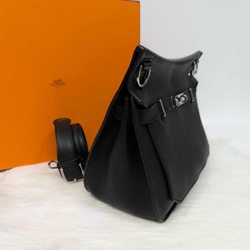 Hermes 89黑T/C皮銀釦Jypsiere28斜背包-3