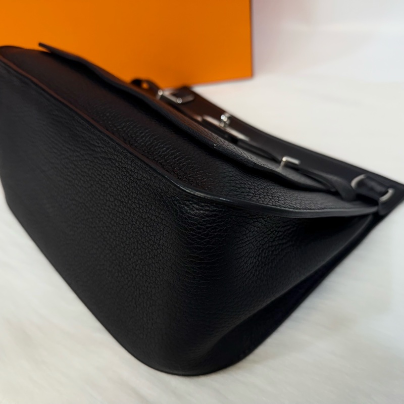 Hermes 89黑T/C皮銀釦Jypsiere28斜背包-6