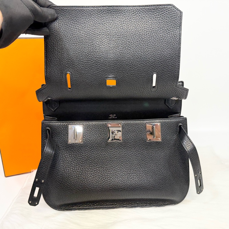 Hermes 89黑T/C皮銀釦Jypsiere28斜背包-10