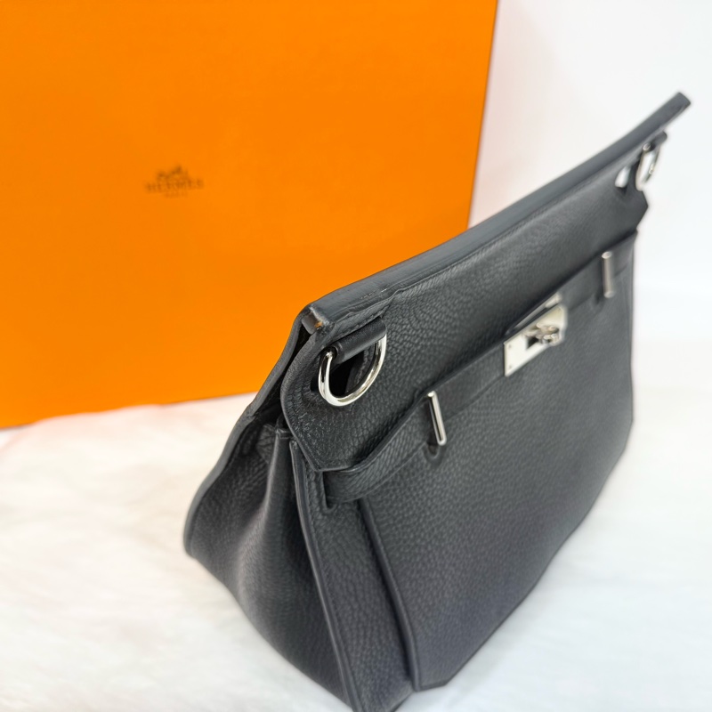 Hermes 89黑T/C皮銀釦Jypsiere28斜背包-18