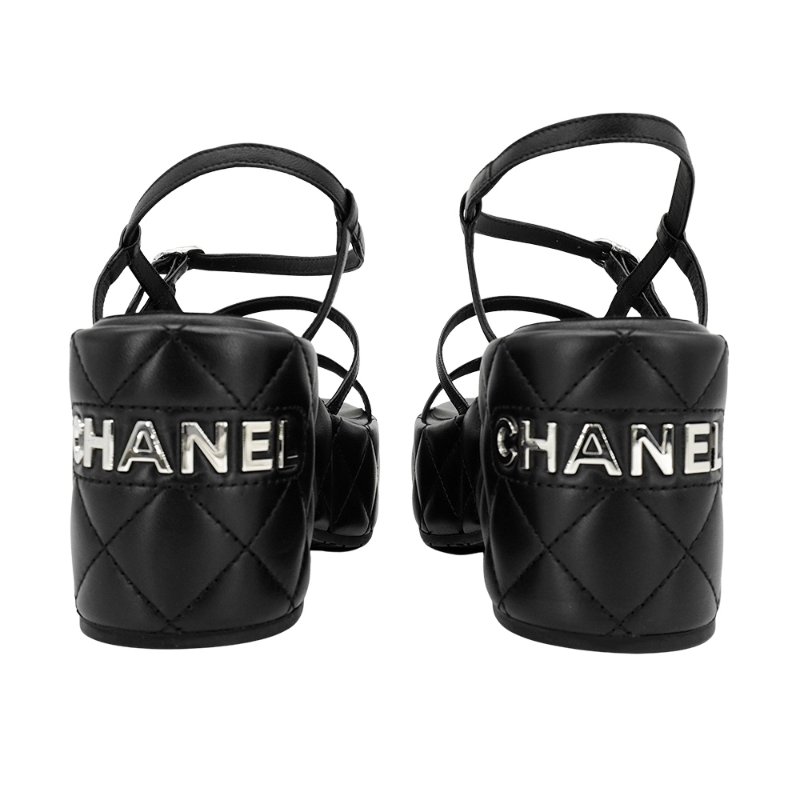 Chanel 羊皮菱格銀logo厚底涼鞋#36 (G39680-黑)-2