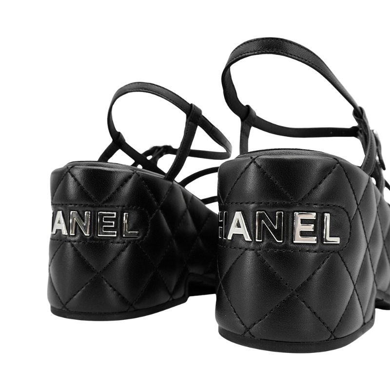 Chanel 羊皮菱格銀logo厚底涼鞋#36 (G39680-黑)-5