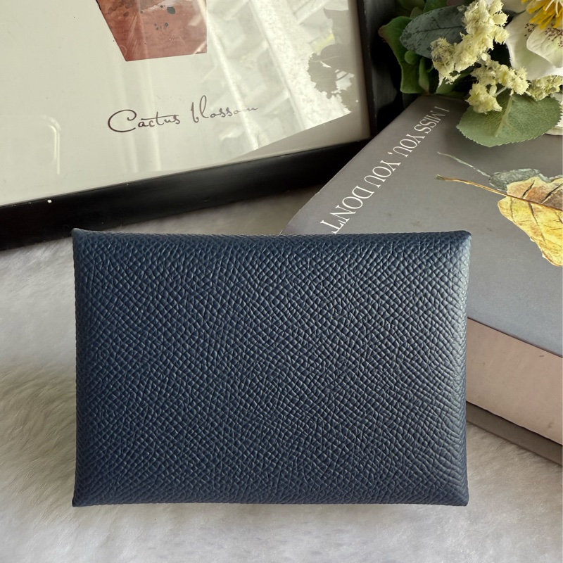 Hermes Calvi Duo Epsom皮釦式卡片夾/零錢包(海軍藍)-0