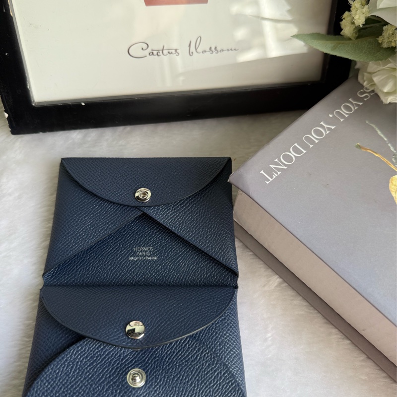 Hermes Calvi Duo Epsom皮釦式卡片夾/零錢包(海軍藍)-1