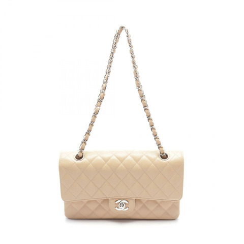 CHANEL Matelasse W 翻蓋鏈條單肩包 A01112 粒面小牛皮米色二手 SHW