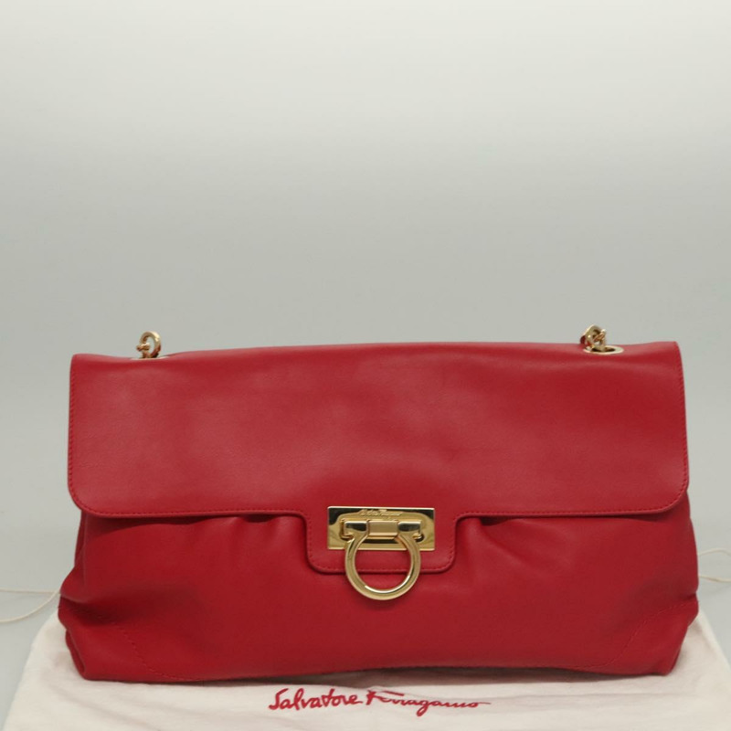 【日本直送】Salvatore Ferragamo Gancini 鏈條單肩包 皮革 紅金 正品 117738-11