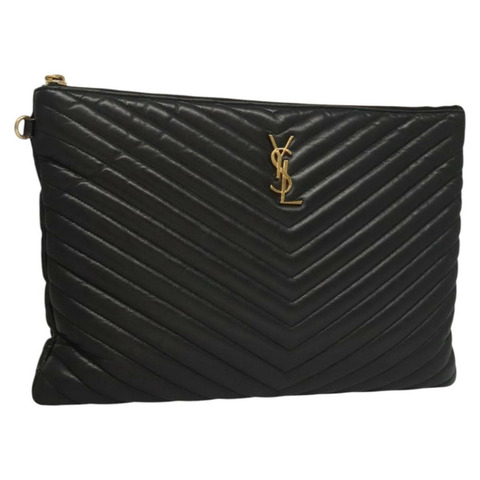 SAINT LAURENT V 形針腳手拿包 皮革 黑金 正品 117559