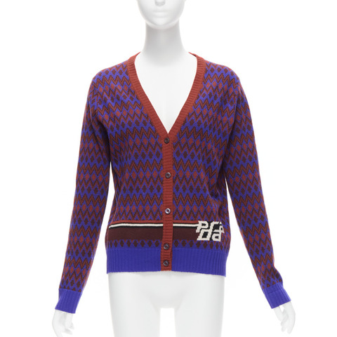 PRADA 2018 purple wool cashmere racing logo chevron intarsia cardigan IT38 XS