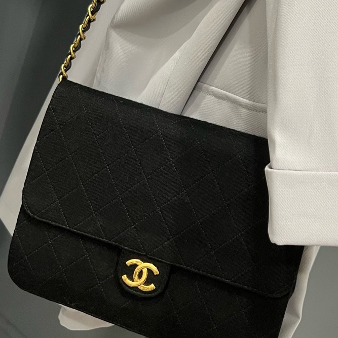 Chanel 香奈兒 vintage CF 布面 大方胖 豆腐包 黑 金釦-0