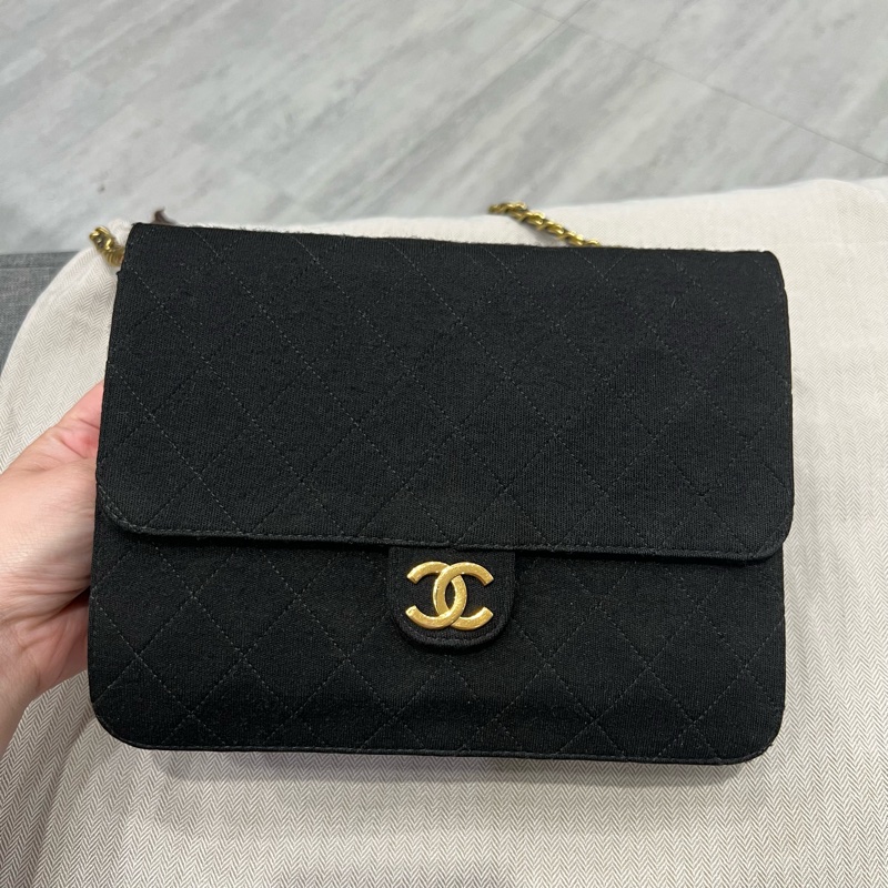 Chanel 香奈兒 vintage CF 布面 大方胖 豆腐包 黑 金釦-2