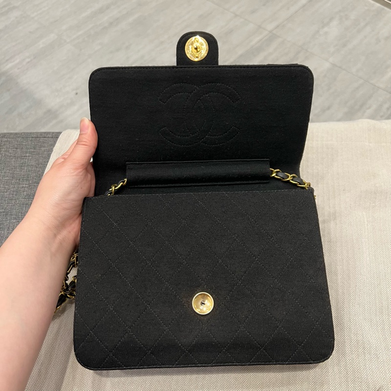 Chanel 香奈兒 vintage CF 布面 大方胖 豆腐包 黑 金釦-6
