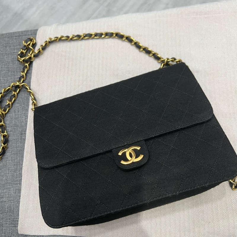 Chanel 香奈兒 vintage CF 布面 大方胖 豆腐包 黑 金釦-19