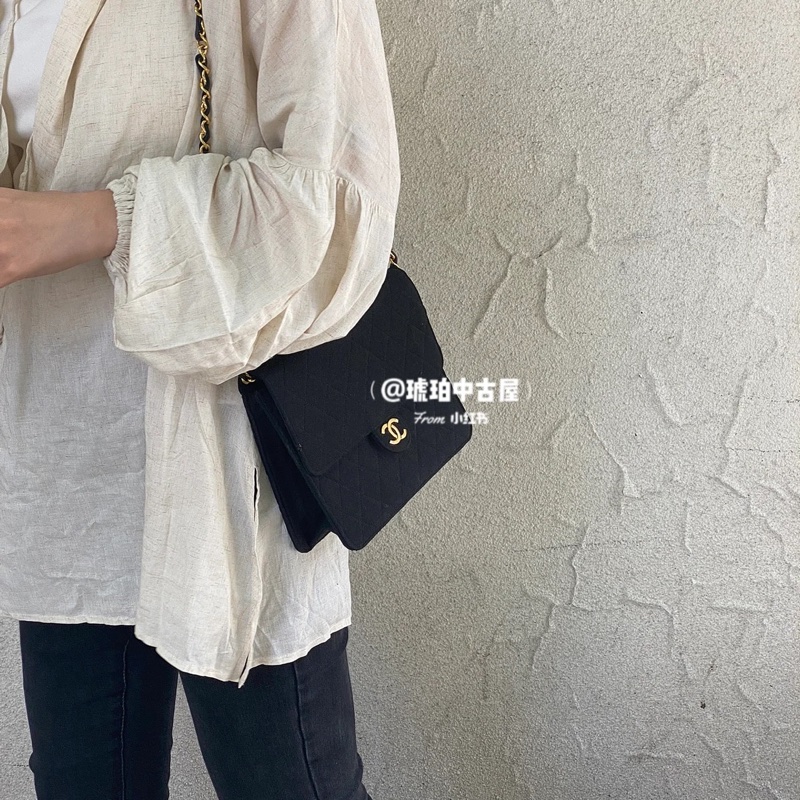Chanel 香奈兒 vintage CF 布面 大方胖 豆腐包 黑 金釦-29