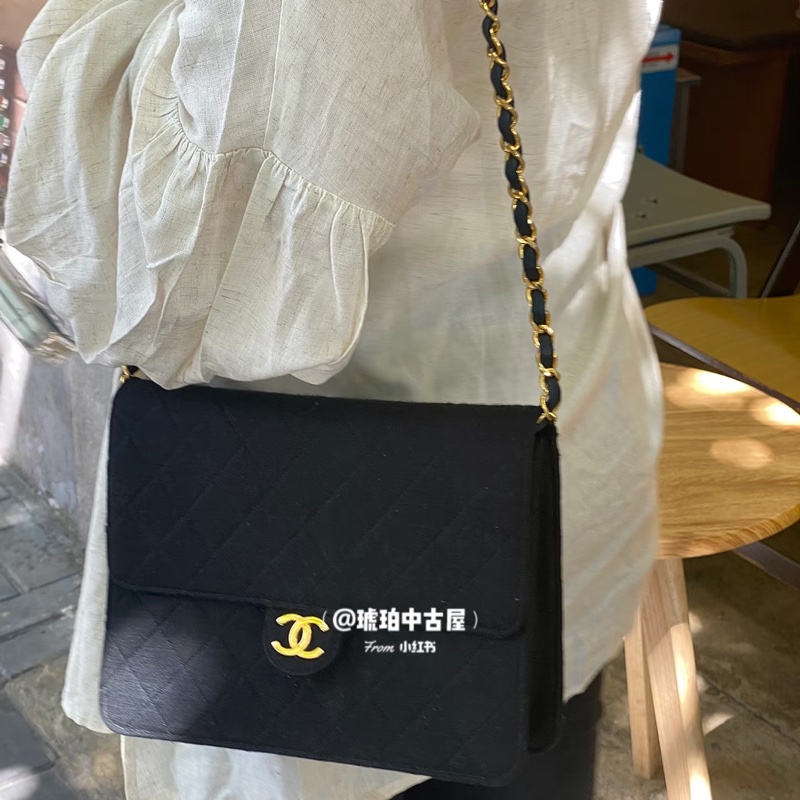 Chanel 香奈兒 vintage CF 布面 大方胖 豆腐包 黑 金釦-30