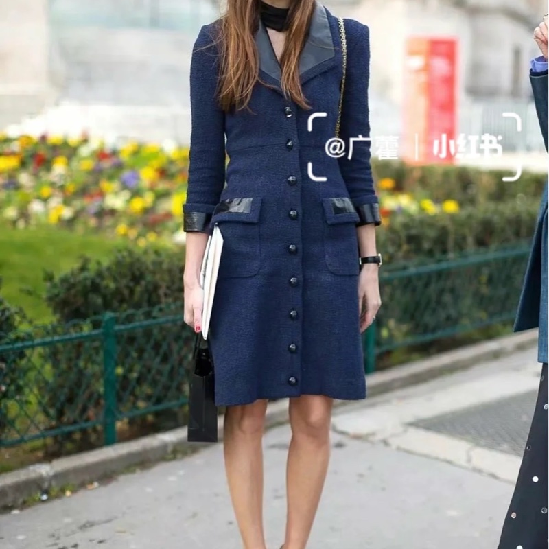 CHANEL 香奈兒 藏藍 深藍 羅馬外套 長大衣 洋裝式外套 大衣 長洋裝 洋裝 外套 風衣-2