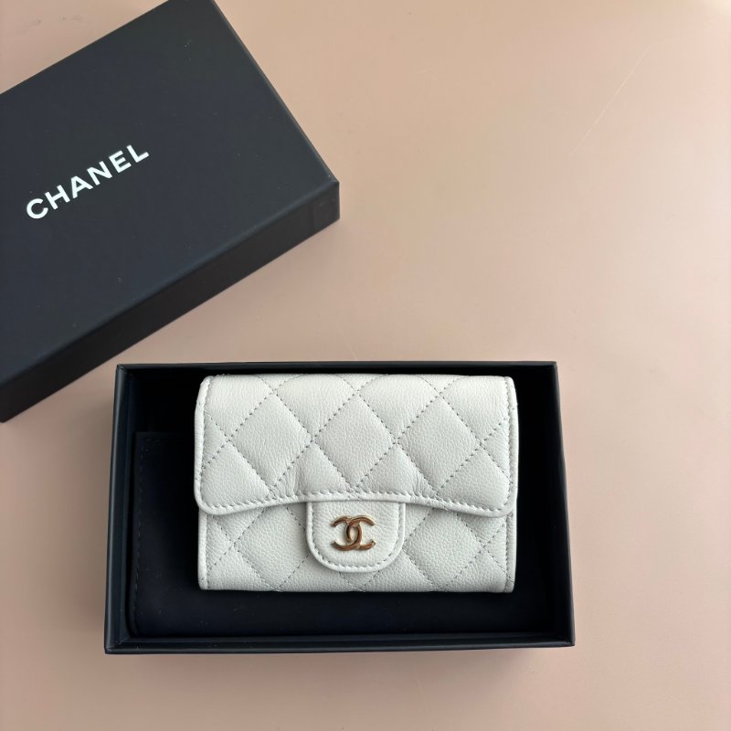 ::CHANEL:: 淺灰牛皮菱格紋淡金雙C釦式卡包零錢包 卡包 卡夾-0