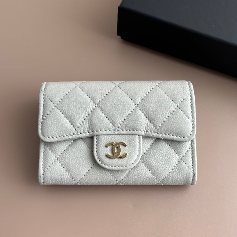 ::CHANEL:: 淺灰牛皮菱格紋淡金雙C釦式卡包零錢包 卡包 卡夾-1