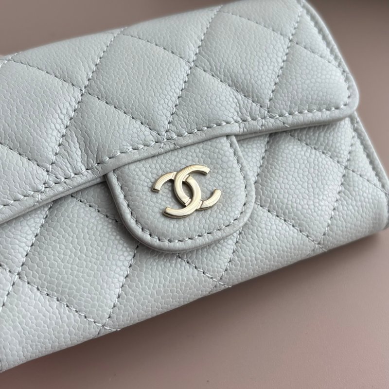 ::CHANEL:: 淺灰牛皮菱格紋淡金雙C釦式卡包零錢包 卡包 卡夾-3