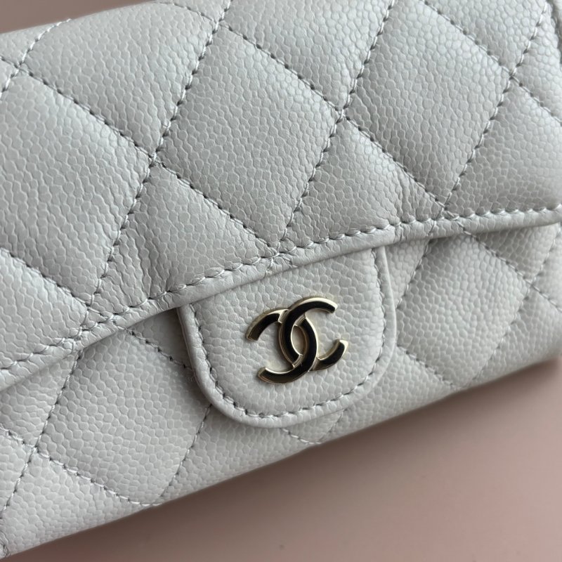 ::CHANEL:: 淺灰牛皮菱格紋淡金雙C釦式卡包零錢包 卡包 卡夾-4