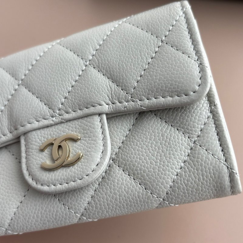 ::CHANEL:: 淺灰牛皮菱格紋淡金雙C釦式卡包零錢包 卡包 卡夾-5