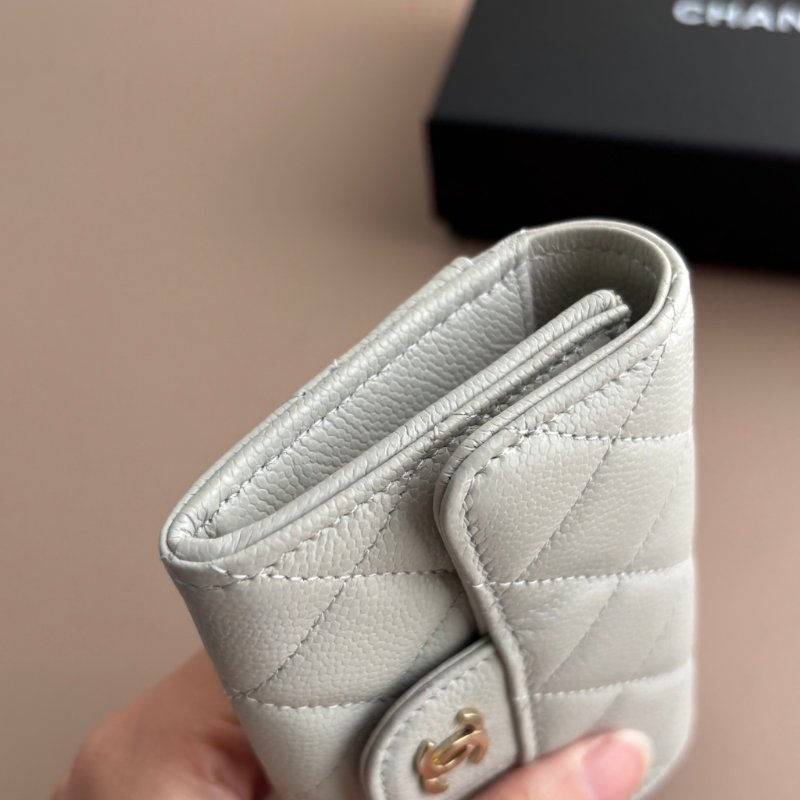 ::CHANEL:: 淺灰牛皮菱格紋淡金雙C釦式卡包零錢包 卡包 卡夾-7