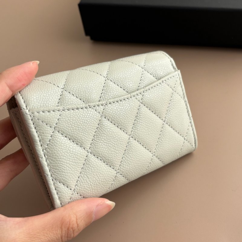 ::CHANEL:: 淺灰牛皮菱格紋淡金雙C釦式卡包零錢包 卡包 卡夾-10