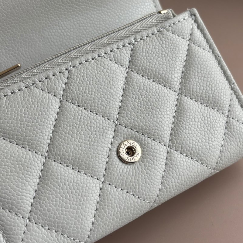 ::CHANEL:: 淺灰牛皮菱格紋淡金雙C釦式卡包零錢包 卡包 卡夾-13