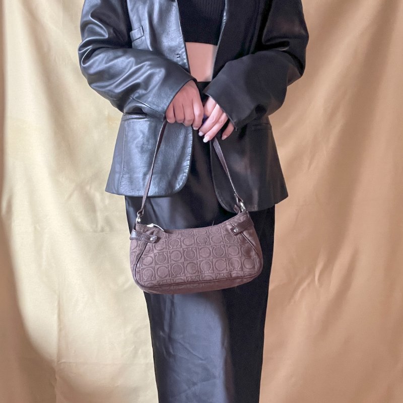 Ferragamo Gancini-print Shoulder Bag中古馬蹄扣啡色腋下包手提袋-6