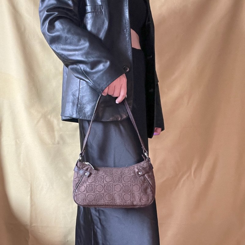 Ferragamo Gancini-print Shoulder Bag中古馬蹄扣啡色腋下包手提袋-7