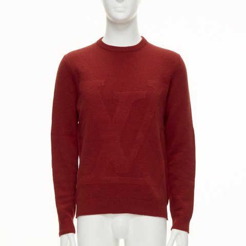 LOUIS VUITTON 100% wool red LV oversized logo long sleeve crew sweater M