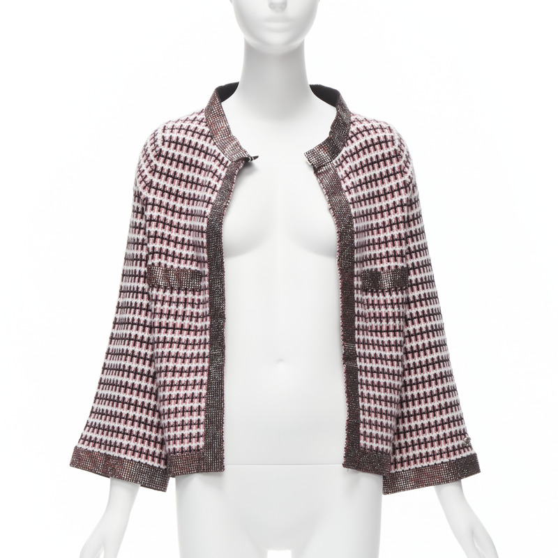 CHANEL pink 100% cashmere tweed crystal trim swing cardigan jacket FR34 XS-2