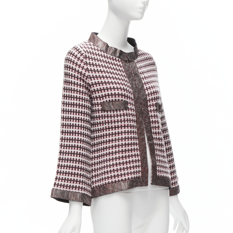 CHANEL pink 100% cashmere tweed crystal trim swing cardigan jacket FR34 XS-3
