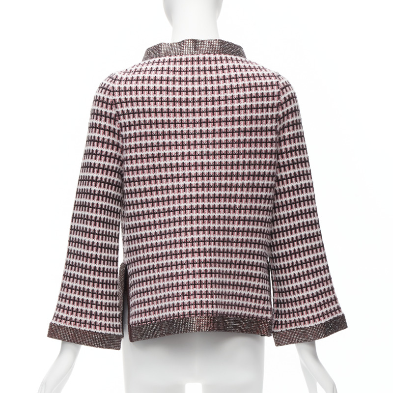 CHANEL pink 100% cashmere tweed crystal trim swing cardigan jacket FR34 XS-5