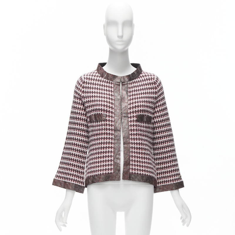 CHANEL pink 100% cashmere tweed crystal trim swing cardigan jacket FR34 XS-10