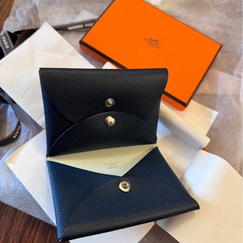 Hermes Calvi Duo 雙層釦式零錢卡包海軍藍配氣泡綠-0