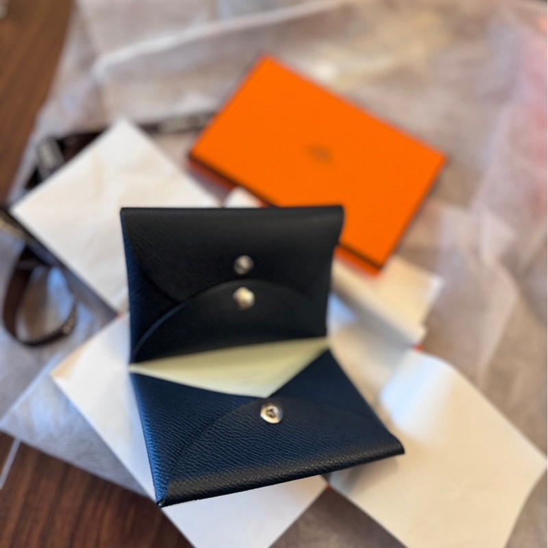 Hermes Calvi Duo 雙層釦式零錢卡包海軍藍配氣泡綠-2