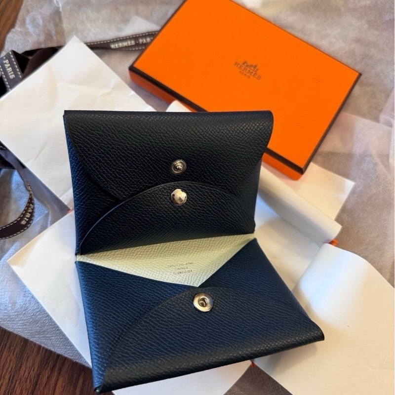 Hermes Calvi Duo 雙層釦式零錢卡包海軍藍配氣泡綠-5