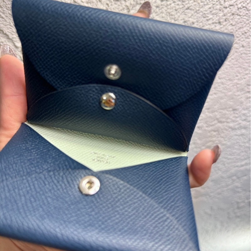 Hermes Calvi Duo 雙層釦式零錢卡包海軍藍配氣泡綠-6